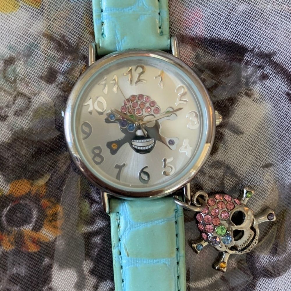 NEW Skull Charm Watch Mint Band Bling Pink Blue Stones Goth Punk Emo Grunge
